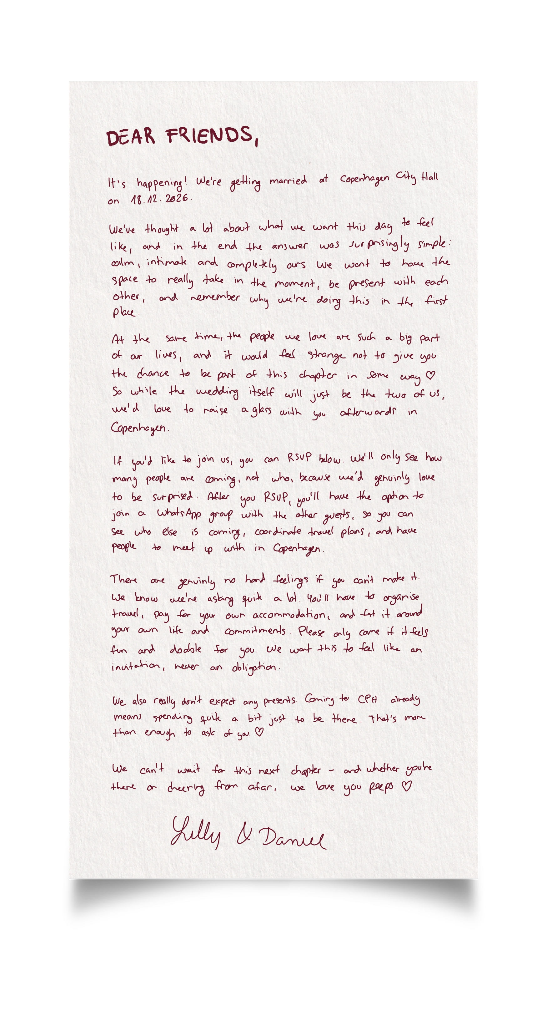A handwritten letter to our friends, signed Lilly and Daniel. Select to read the letter.