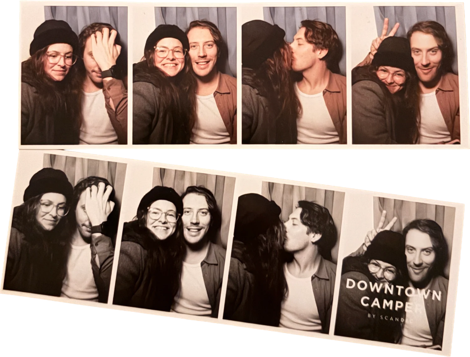 Two photo strips of Lilly and Daniel laughing and kissing
